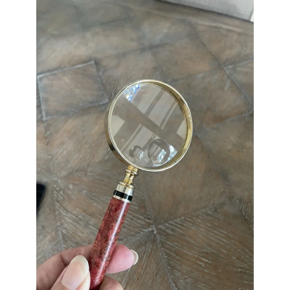 Vintage Travel Triple Magnifying Glass Brass Burled Handle 5.75